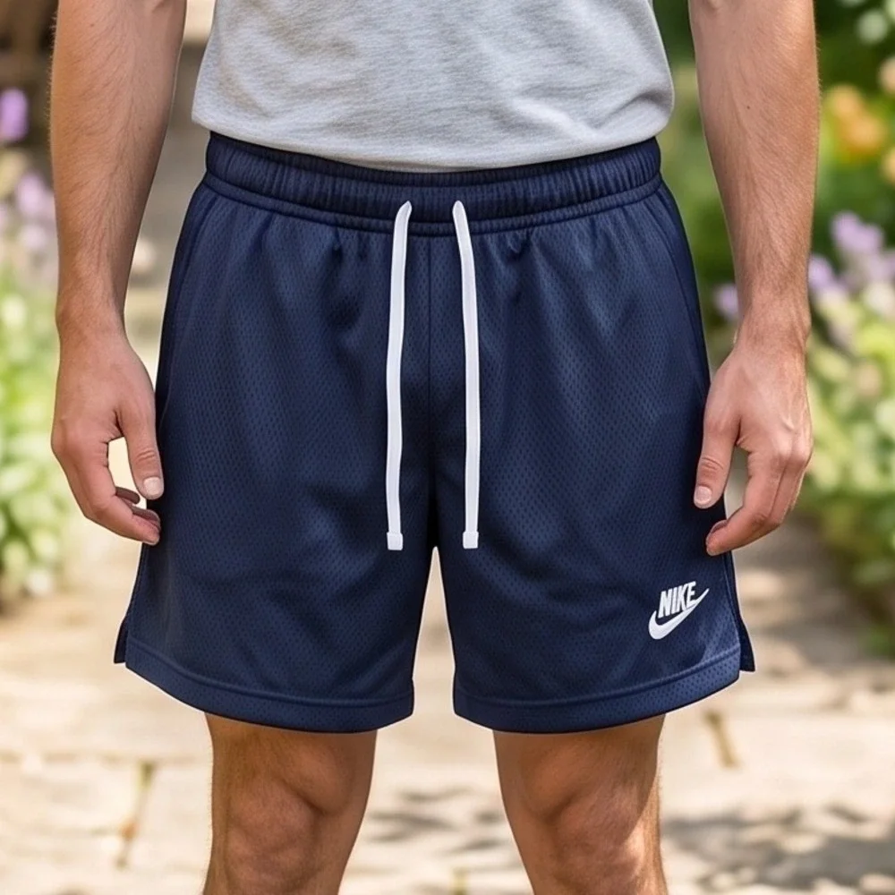 Nike Mens Mesh Athletic Shorts Navy Blue Embroidered Logo Drawstring Activewear